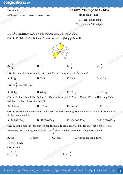 Đề kiểm tra học kì 2 Toán 4 Cánh diều - Đề số 6